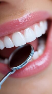Extreme close-up of a woman smiling with white, healthy teeth during a dental examination. A professional dental mirror reflects the perfect smile, highlighting oral hygiene, stomatology, and cosmetic