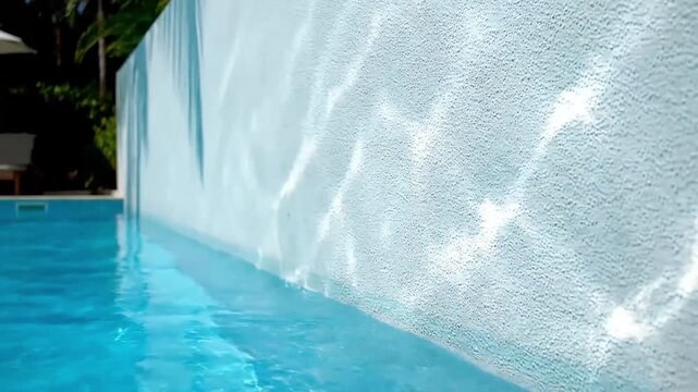 Close-up of a swimming pool's textured white wall with sunlight reflections on the water's surface in a backyard setting.