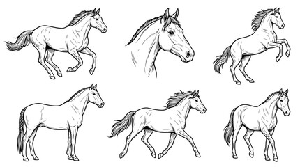 Fototapeta premium horse , realistic line art vector set , white background , PNG and SVG isolate