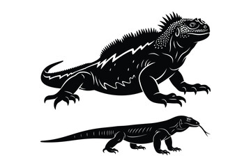 Fototapeta premium Black Silhouette Vector of Marine Iguana and Komodo Dragon