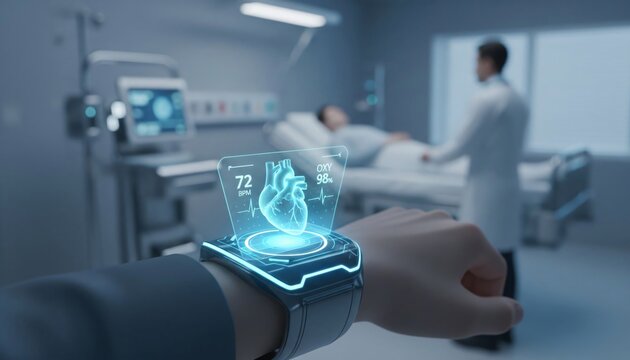 Futuristic medical smartwatch with holographic heart display, digital health monitoring technology in hospital room, smart wearable healthcare device