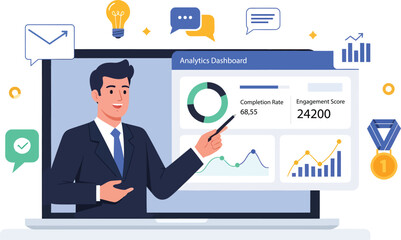 Data analytics dashboard presentation with a professional man explaining insights