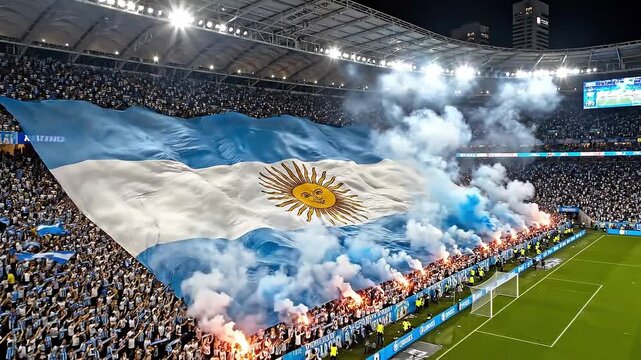 National flag of Argentina waving with smoke effects during a soccer match in a packed stadium