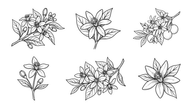orange blossom , realistic line art vector set , white background , PNG and SVG isolate