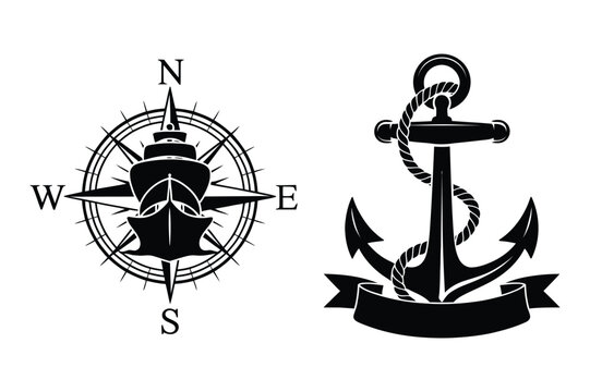 Nautical Symbols: Anchor and Compass Rose Vector Art