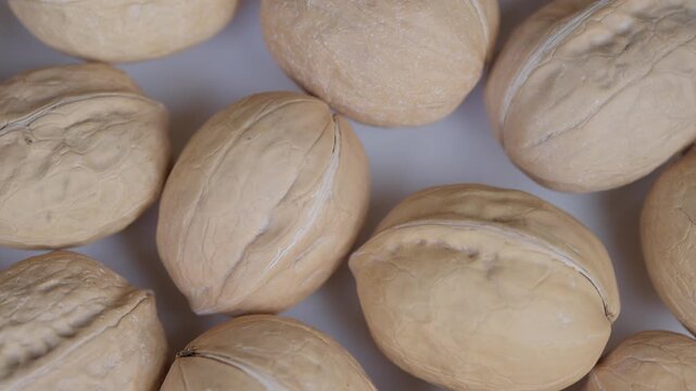 Patterned walnuts with warm beige hues. Detaily textured walnuts arranged in repeating pattern. Closeup showing patterned walnuts with warm tones for branding and packaging