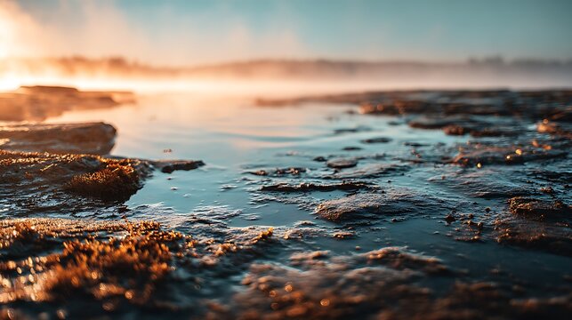 A serene beach scene at sunset with warm light reflecting off the water and rocky shoreline