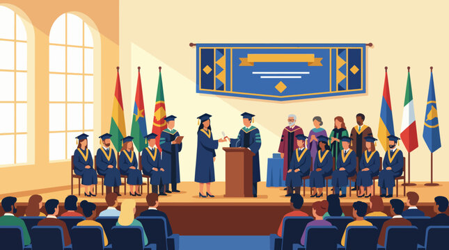 A vibrant graduation ceremony scene showcasing students in caps and gowns, representing diverse cultures with flags displayed, highlighting achievement and celebration.