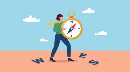 An illustration showcasing a woman confidently holding a large compass, symbolizing guidance and direction in life, reflecting themes of navigation and exploration. © uki