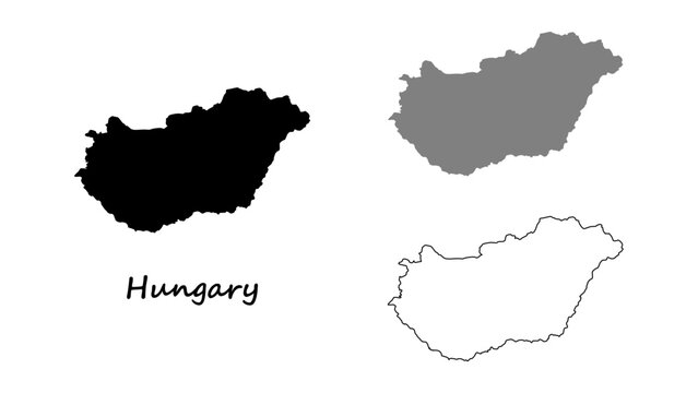 Hungary map set. Hungary map vector set on silhouette, gray, and outline. Hungary map on white background