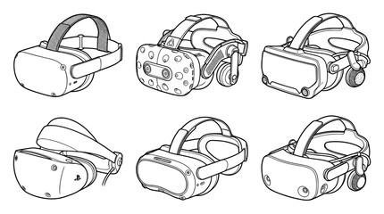 virtual reality headset , realistic line art vector set , white background , PNG and SVG isolate