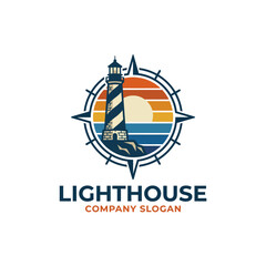 A beautifully crafted lighthouse logo featuring a stunning sunset and compass elements, representing guidance, safety, and coastal themes perfect for nautical brands. © Huilong