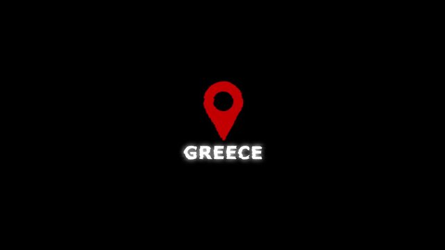 Greece Location Map Pin on Black Background with White Text location red marker