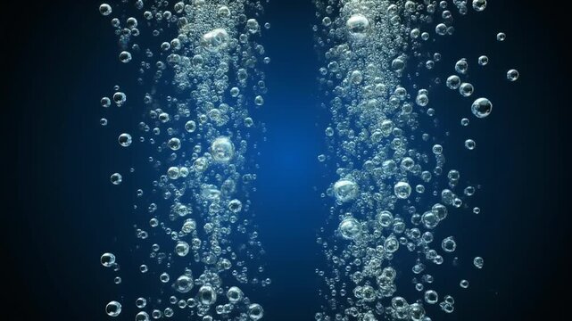 Tiny oxygen bubbles rising steadily in a vertical scientific style animation