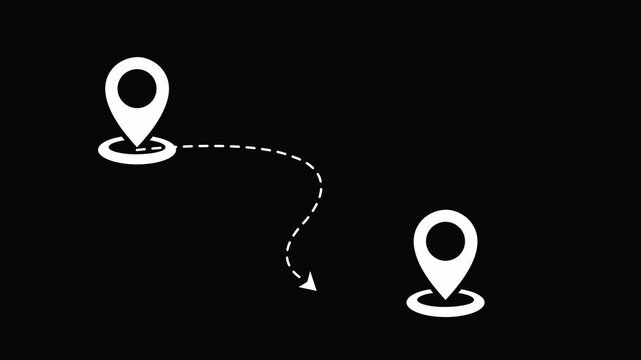 Minimalist animation of a location route with directional markers on black background. 4k video animatio.