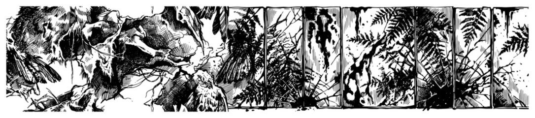 Detailed black and white grunge illustration of forest ferns and foliage © Wera