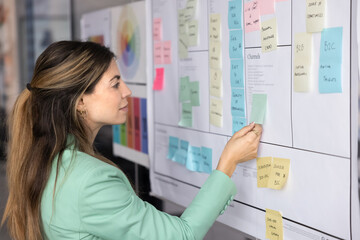 Busy young adult Hispanic woman Agile coach product designer adding new task to Scrum planning board creating sprint backlog thinking about process improvement structuring visual information in office © fizkes