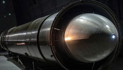 Fototapeta premium Close-up view of a gleaming ballistic missile warhead section with its complex engine components visible