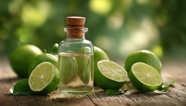 Fresh Lime Fruits And Lime Essential Oil In A Glass Bottle For Spa, Aromatherapy, And Bodycare: Extract Oil Of Lime.