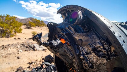 Close-up of a charred and scorched reentry vehicle heat shield fragment with glowing orange embers and purple reflections against a desert landscape