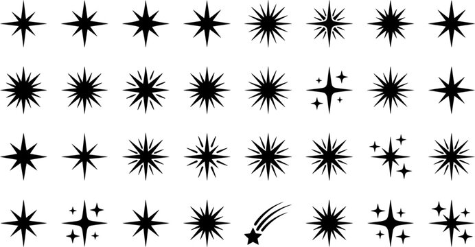 Collection of black and white sparkle starburst icons for design elements and decoration
