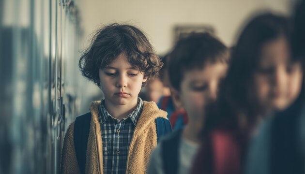 Sad Student Bullied By Classmates In School Corridor: A Drawn-Out Scene Of Harassment And Intimidation In A School Setting.