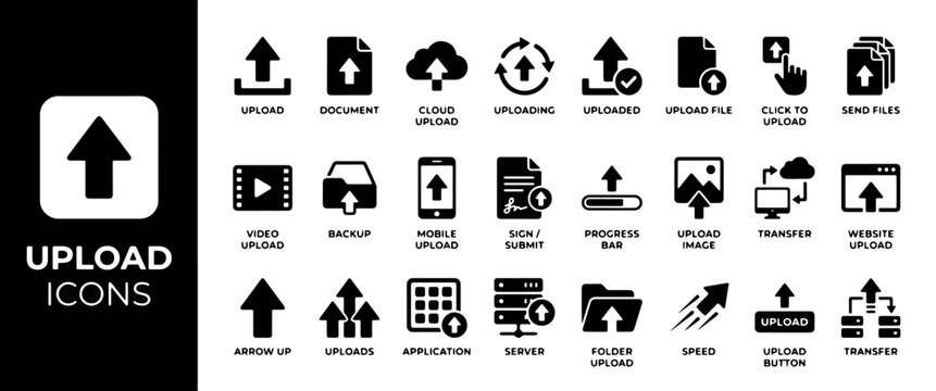 Upload and File Transfer Icons: Data Uploading, Cloud Storage, and Digital Workflow