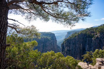Fototapeta premium Panorama landscape of Tazı Kanyonu (aka Eagles Canyon, Tazi Canyon) and Bilgelik Vadisi (aka Wisdom Valley). Located in Köprülü Canyon National Park, Antalya, Turkey.Tazı Canyon is wonder of nature, l