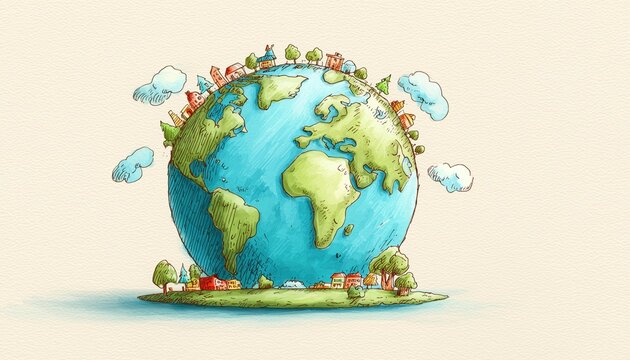 Hand Drawn Cute Planet Earth Globe: Earth Day And Environment Sticker Art Doodle For Back To School. Explore World Map In Education And Nature Science.
