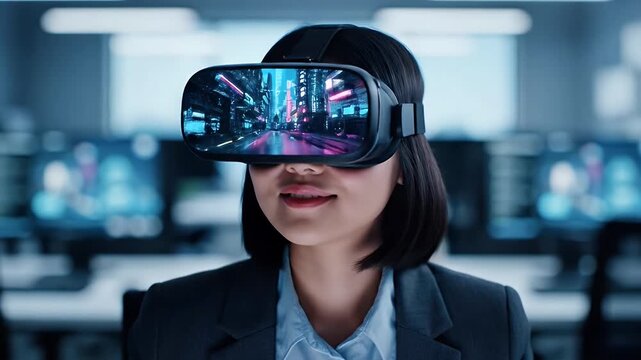 Woman wearing virtual reality headset with neon city street reflection in office