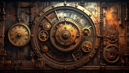 Obraz premium A close-up view presents an intricate, aged metallic construction, featuring clock faces, gears, and various mechanical components