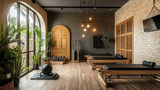 Empty pilates studio interior design with natural light