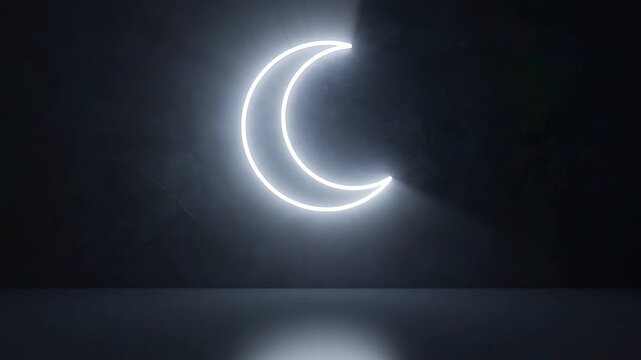 A minimalist white glowing neon crescent moon stands in a dark room with subtle reflections for Islamic holiday celebrations.