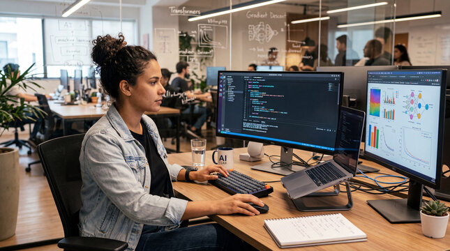 Female Programmer Working on Machine Learning in Tech Office