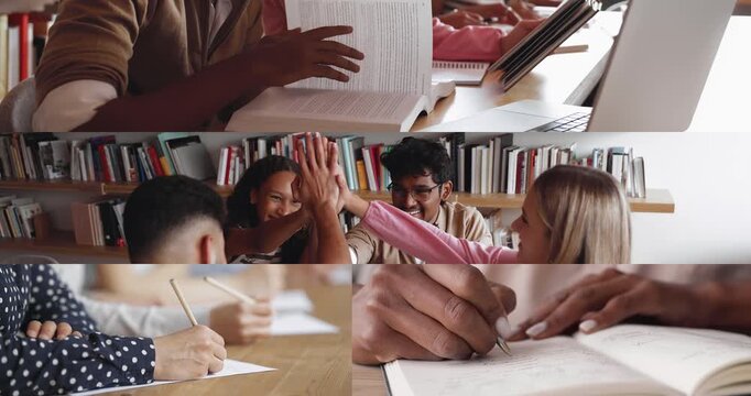 Higher education, getting knowledge, studentship university collage. Diverse students studying in library together, writing learning notes in classroom and alone, training skills