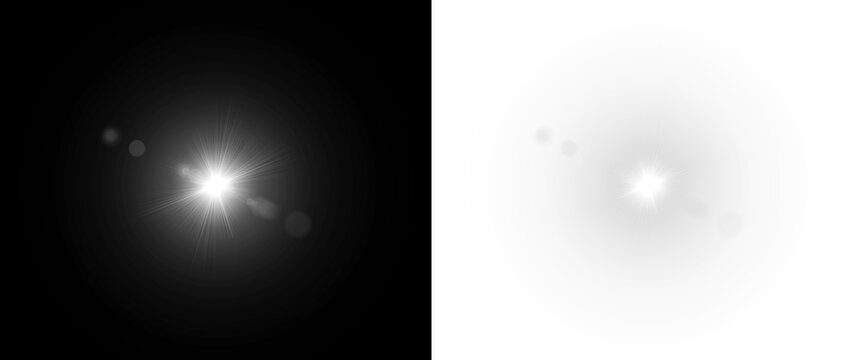 Bright white starburst lens flare effect with optical artifacts illuminating a dark area on transparent background