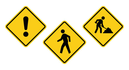 Set of yellow traffic signs with black icons for caution warning and construction pedestrian road work from Traffic_sign_vector_icons_set_e76599e148.eps