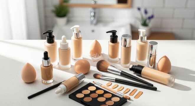 Cosmetics and Makeup Products on White Surface.
