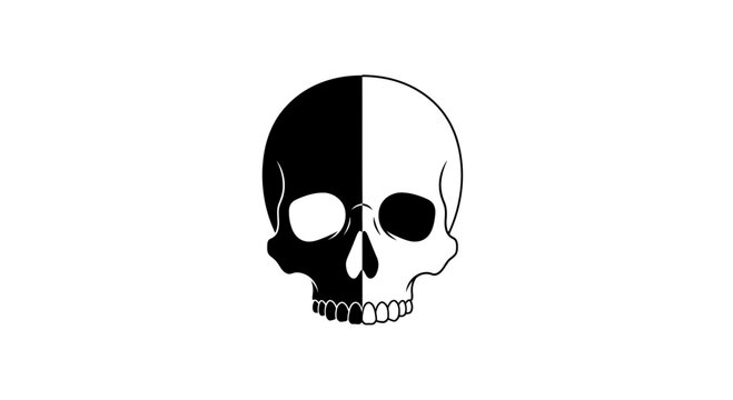 Split skull, dual tone black and white illustration
