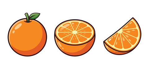 Orange Fruit Whole, Half and Slice – Cute Citrus Cartoon Illustration Set