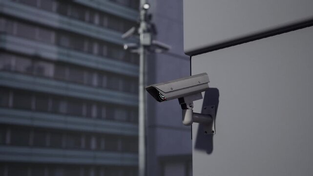 Modern Outdoor Cctv Security Camera Mounted On Building Wall With Blurred City Background