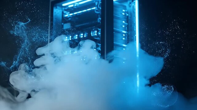 Server rack cooling with blue glowing lights in thick white fog