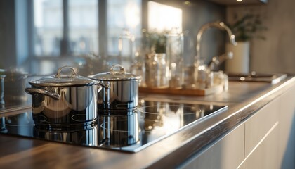 Modern Kitchen Interior: Featuring Glass Ceramic Hob, Stainless Steel Saucepan, And Contemporary Furniture In Well-Lit Apartment Setting