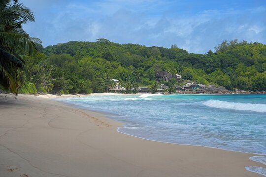 Granite boulders on a deserted tropical beach in Mahe, Seychelles, on the Indian Ocean