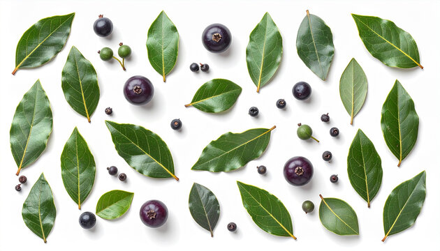 Fresh java plum fruits and bay leaves arranged on a white surface; vibrant organic and visually appealing food still life composition