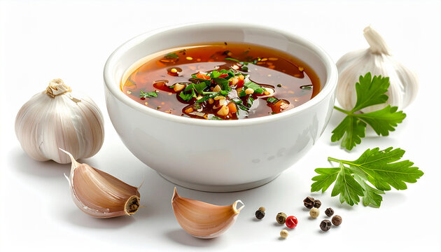 Fresh garlic cloves and bulb with chili oil dip in a bowl garnished with parsley arranged on a bright white surface for culinary presentation