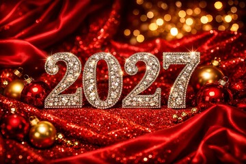 Luxury Crystal 2027 New Year Celebration with Rhinestone Numbers on Red Glitter Fabric and Gold Christmas Ornaments Festive Holiday Background