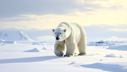 Obraz premium Majestic polar bear walking across vast arctic ice field in winter landscape with distant snow-capped mountain range under soft light