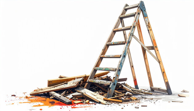 Wooden ladder resting on a pile of debris and splintered wood against a bright white background creating a chaotic scene