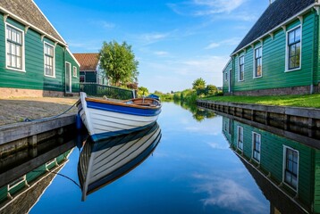 Traditional Rowing Boat in a Calm Dutch Canal